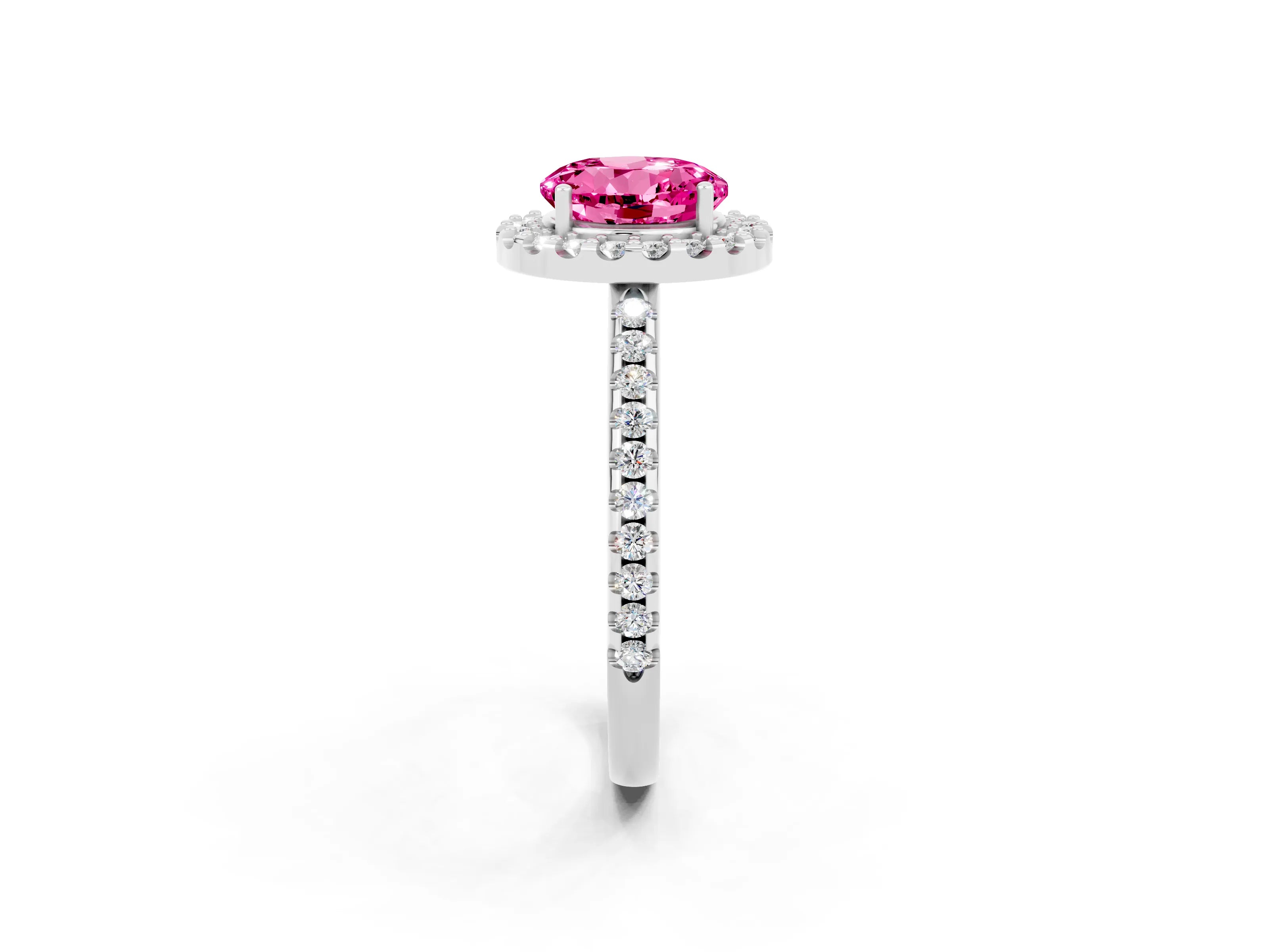 White gold Round Cut Pink Sapphire Pavé Halo Ring with Four-Prong Setting_14