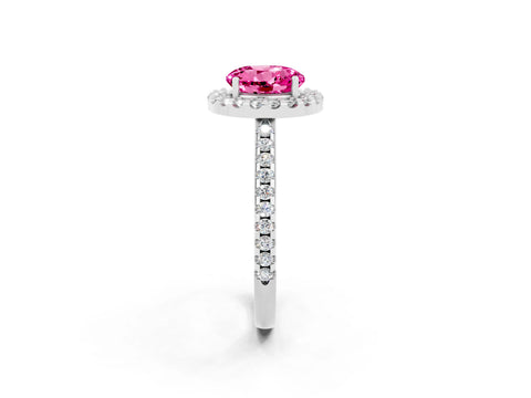 White gold Round Cut Pink Sapphire Pavé Halo Ring with Four-Prong Setting_14