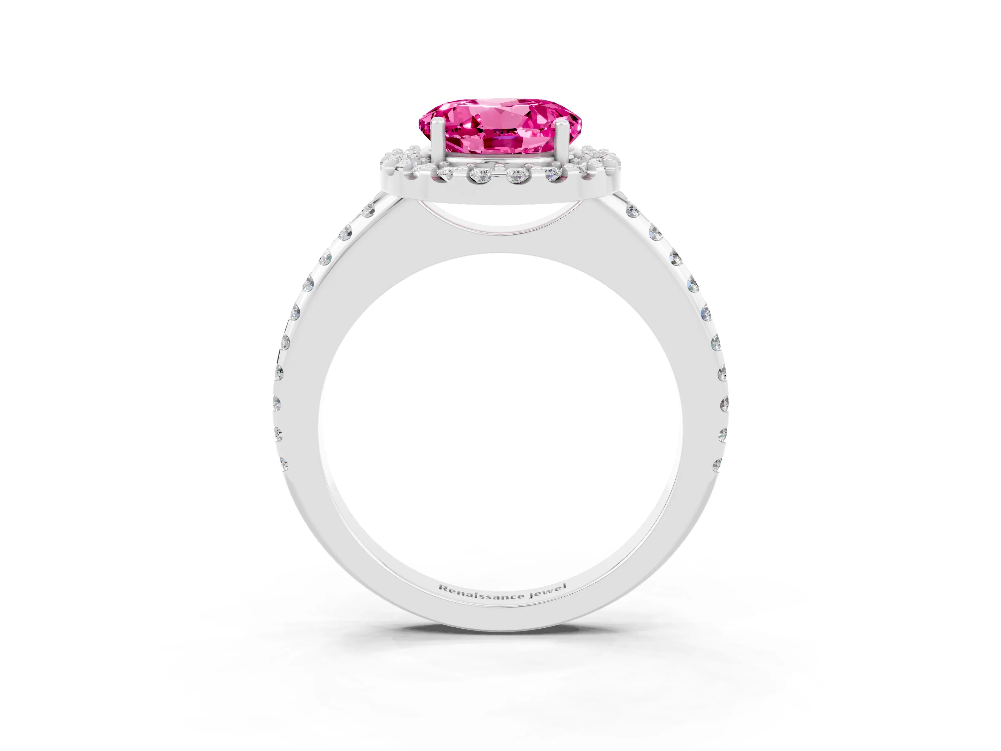 White gold Round Cut Pink Sapphire Pavé Halo Ring with Four-Prong Setting_15