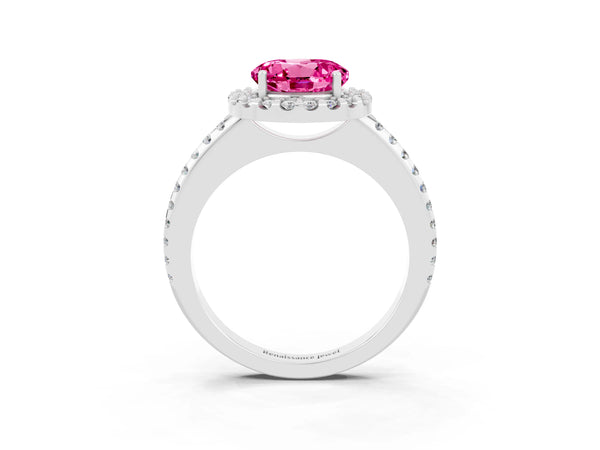 Platinum Round Cut Pink Sapphire Pavé Halo Ring with Four-Prong Setting