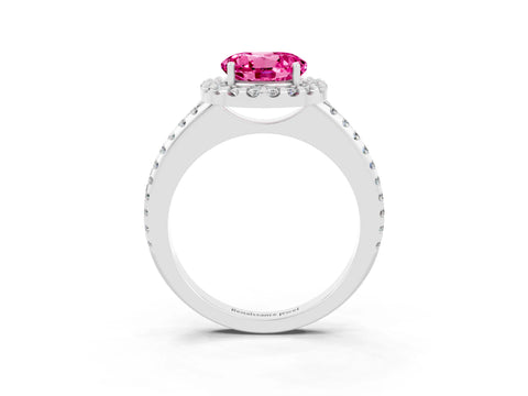 White gold Round Cut Pink Sapphire Pavé Halo Ring with Four-Prong Setting_15