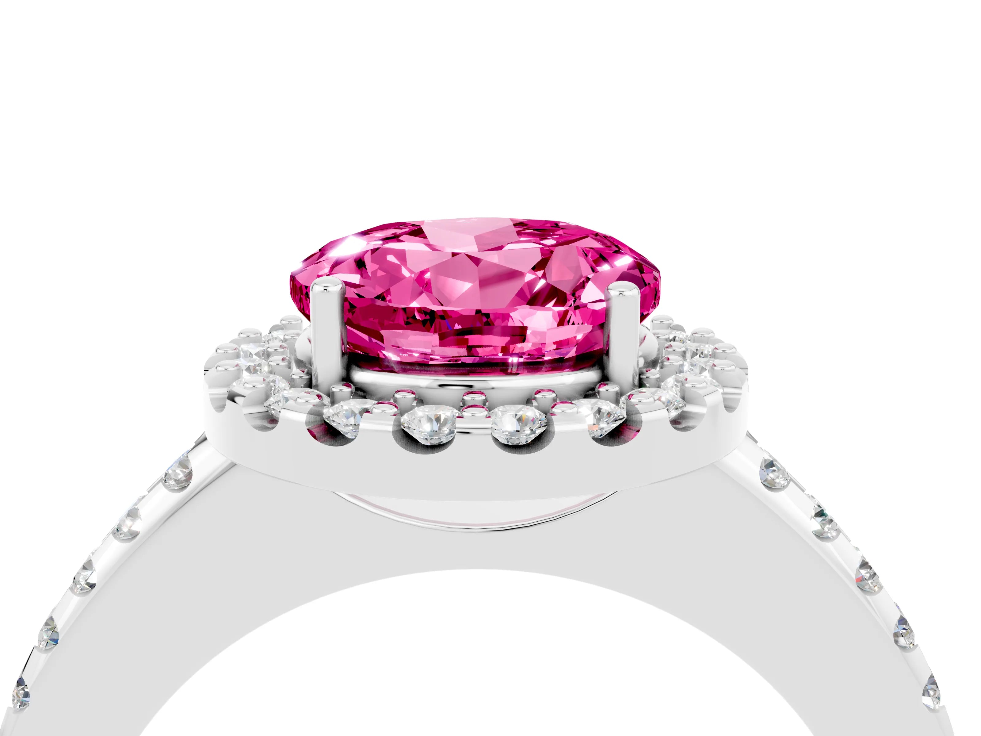 White gold Round Cut Pink Sapphire Pavé Halo Ring with Four-Prong Setting_16