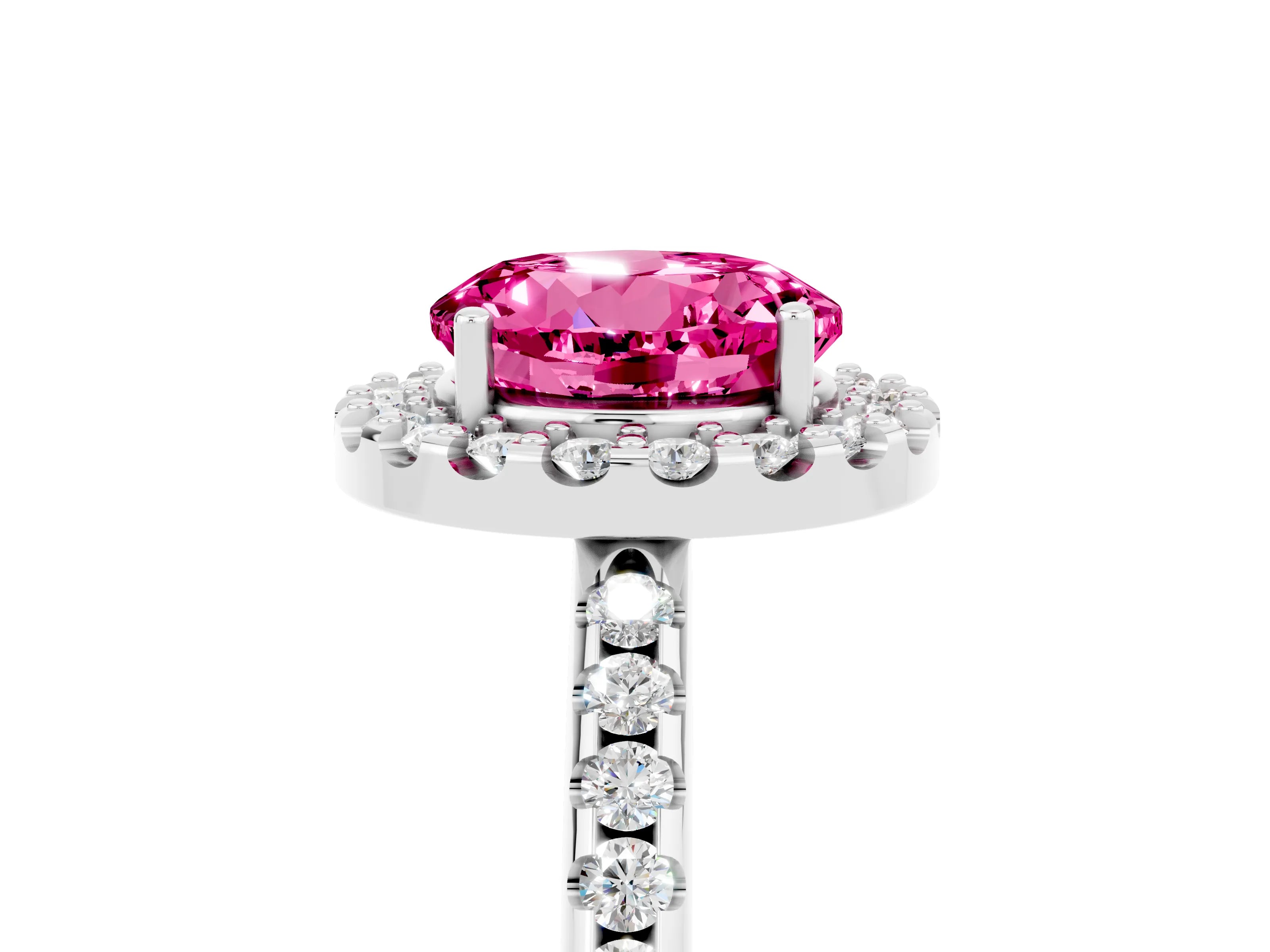 White gold Round Cut Pink Sapphire Pavé Halo Ring with Four-Prong Setting_17