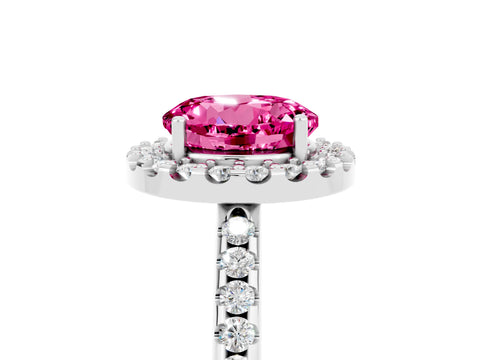 White gold Round Cut Pink Sapphire Pavé Halo Ring with Four-Prong Setting_17