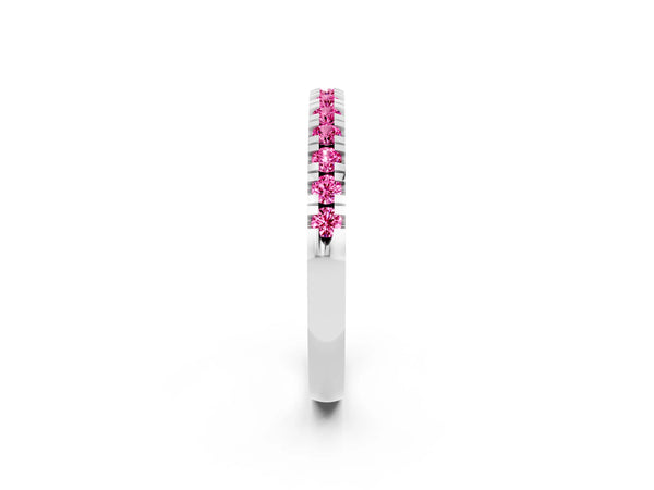 White Gold Round Lab-Grown Pink Sapphire Thin Pave Half Eternity Wedding Band