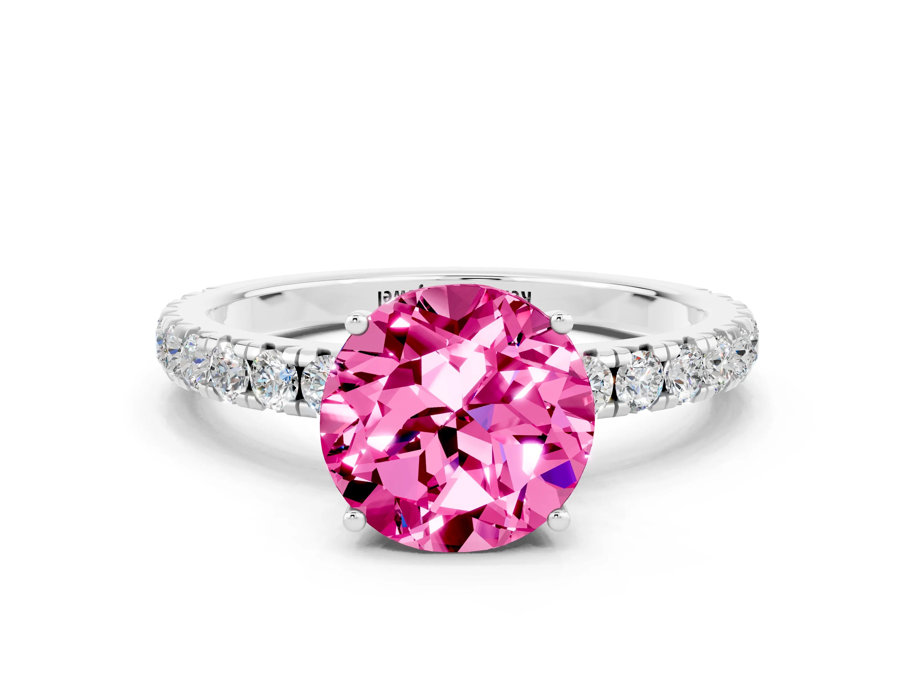 White gold Round Cut Pink Sapphire Pavé Solitaire Engagement Ring with Four-Prong Setting_12