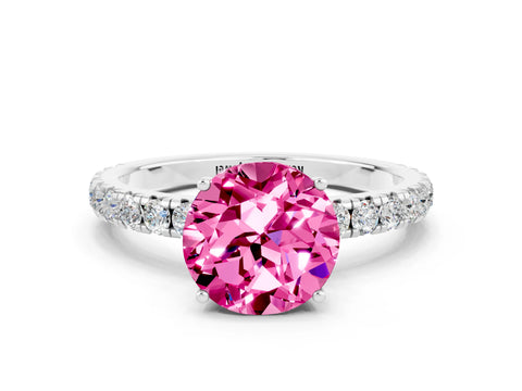 White gold Round Cut Pink Sapphire Pavé Solitaire Engagement Ring with Four-Prong Setting_12