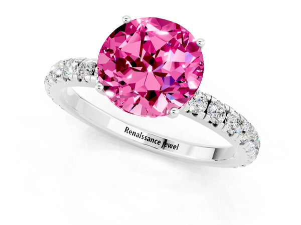 Silver Round Cut Pink Sapphire Pavé Solitaire Engagement Ring with Four-Prong Setting