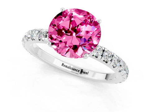 White gold Round Cut Pink Sapphire Pavé Solitaire Engagement Ring with Four-Prong Setting_13