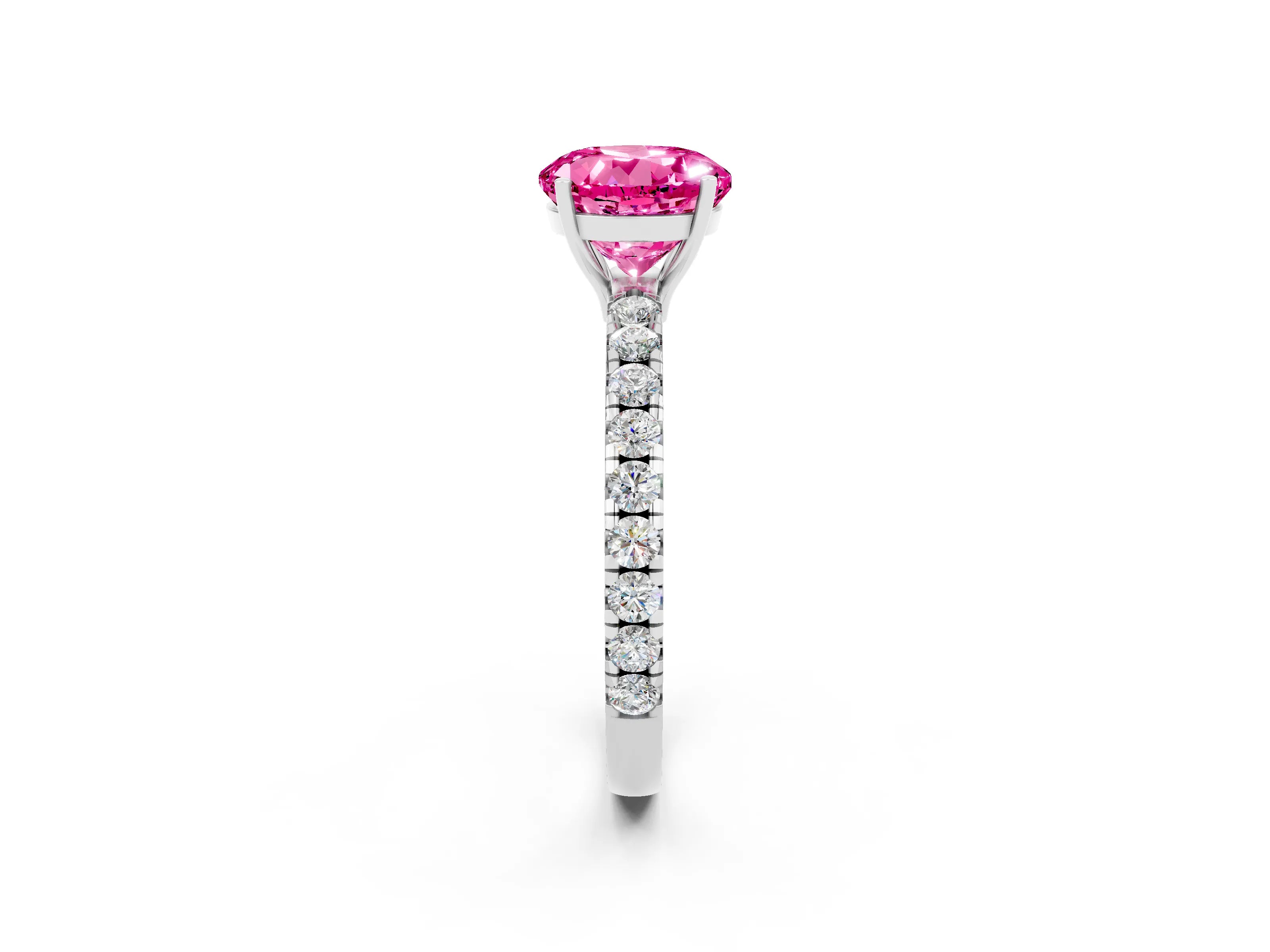 White gold Round Cut Pink Sapphire Pavé Solitaire Engagement Ring with Four-Prong Setting_14