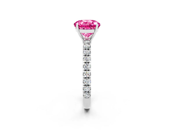 Silver Round Cut Pink Sapphire Pavé Solitaire Engagement Ring with Four-Prong Setting