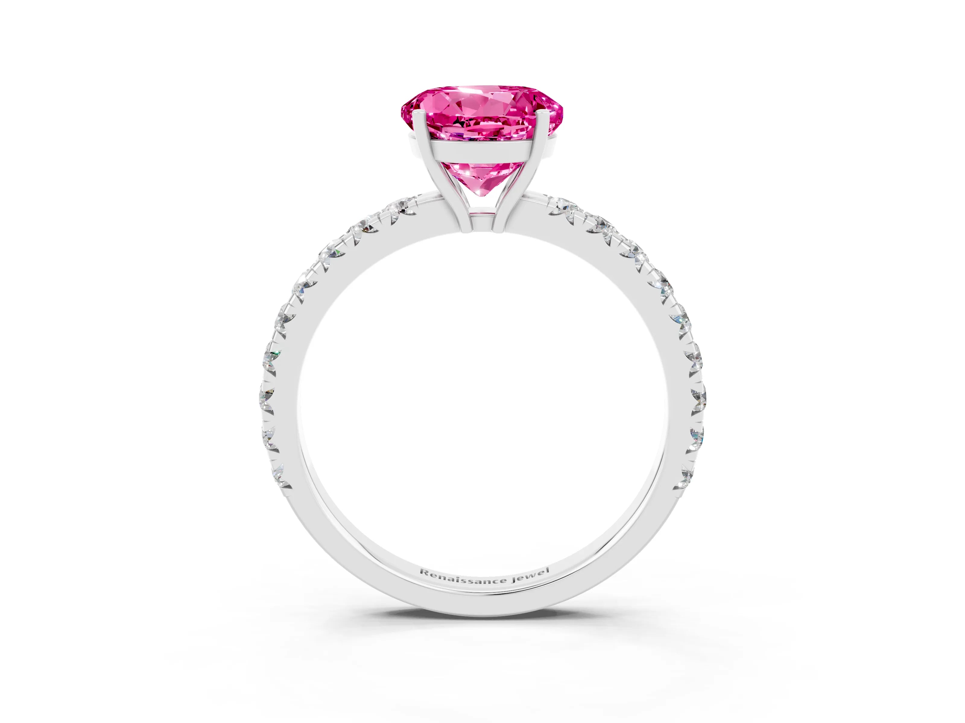 White gold Round Cut Pink Sapphire Pavé Solitaire Engagement Ring with Four-Prong Setting_15