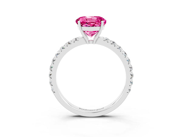 Silver Round Cut Pink Sapphire Pavé Solitaire Engagement Ring with Four-Prong Setting