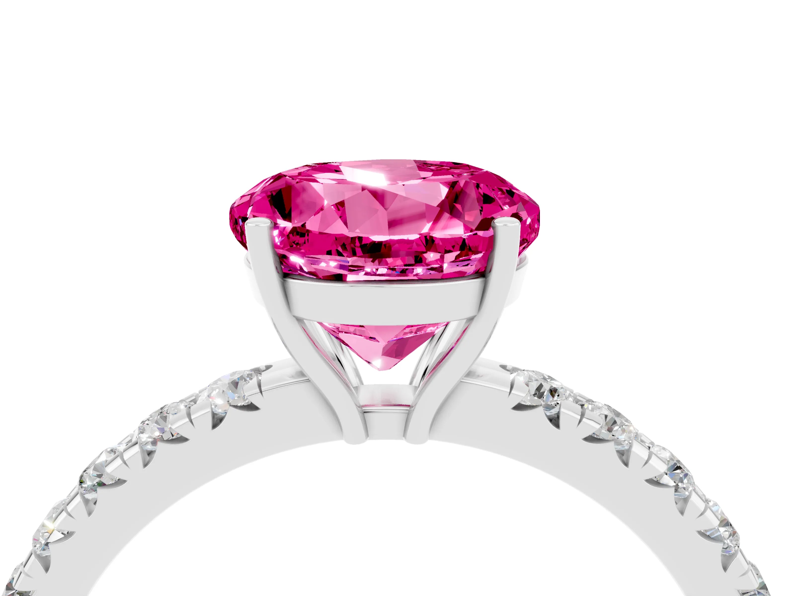 White gold Round Cut Pink Sapphire Pavé Solitaire Engagement Ring with Four-Prong Setting_16