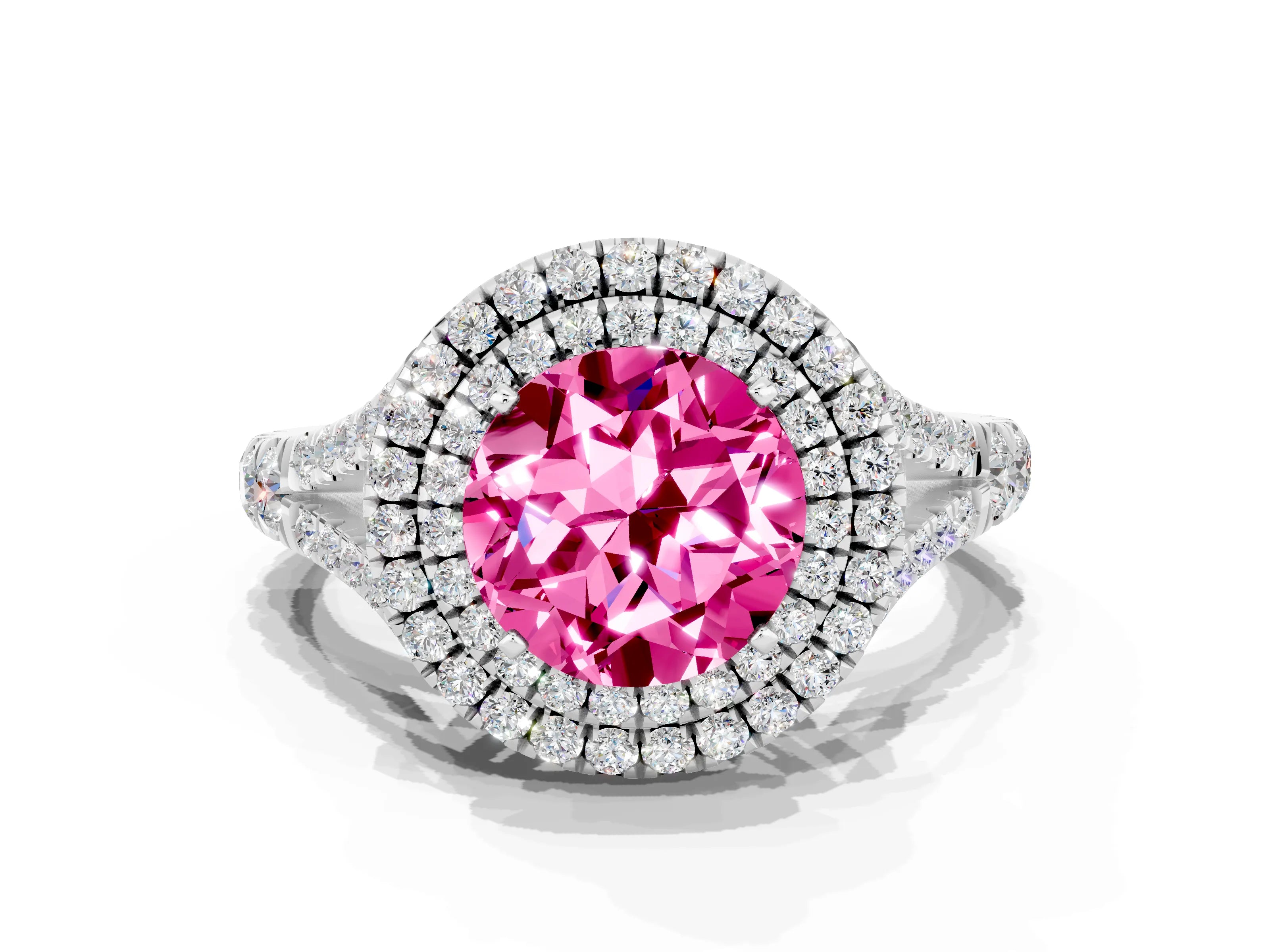 White gold Round Cut Pink Sapphire Pavé Split Shank Double Halo Engagement Ring