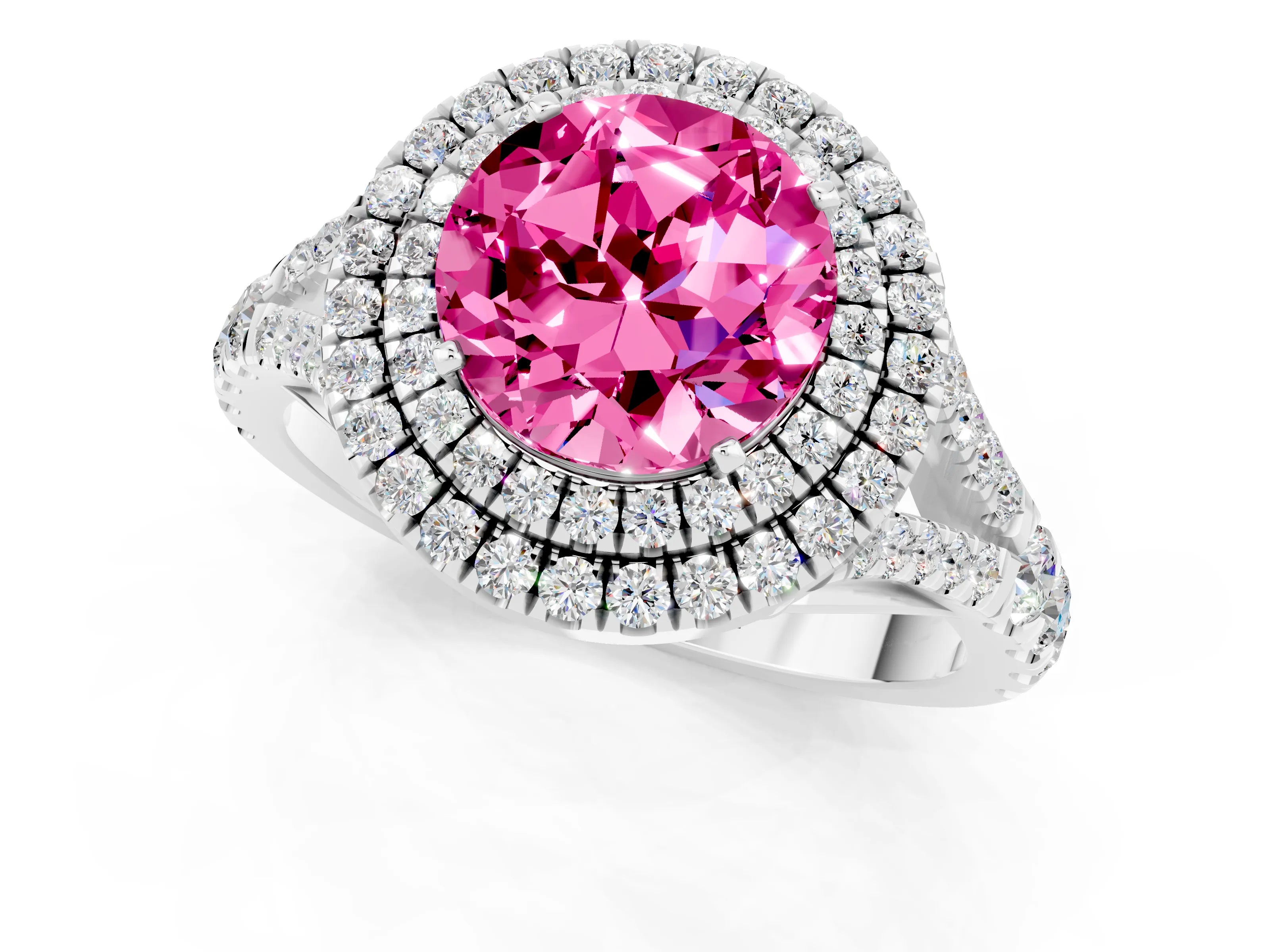 White gold Round Cut Pink Sapphire Pavé Split Shank Double Halo Engagement Ring_1