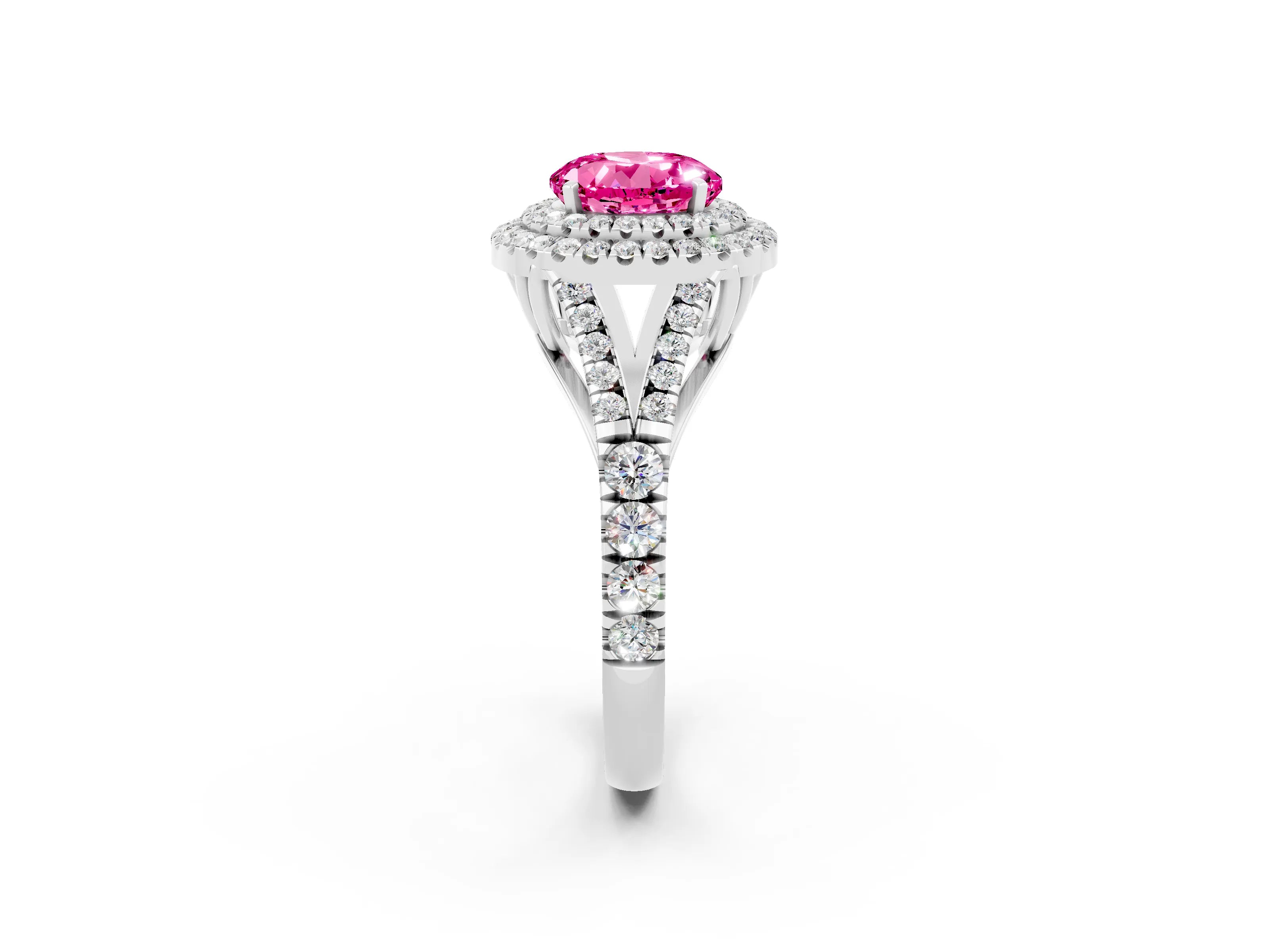 White gold Round Cut Pink Sapphire Pavé Split Shank Double Halo Engagement Ring_2
