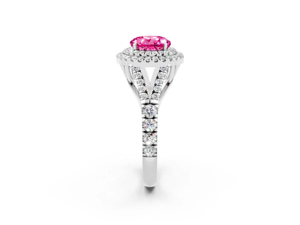 White gold Round Cut Pink Sapphire Pavé Split Shank Double Halo Engagement Ring