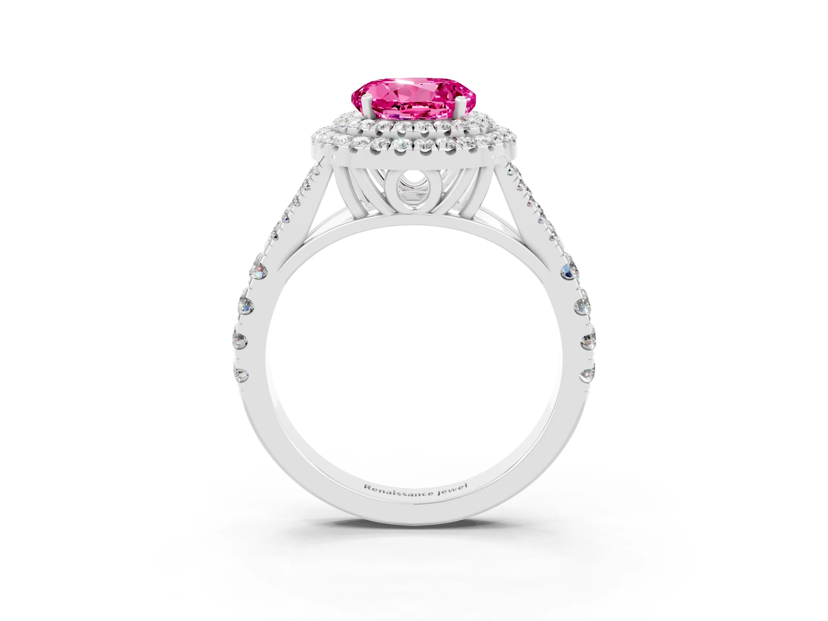 White gold Round Cut Pink Sapphire Pavé Split Shank Double Halo Engagement Ring_3