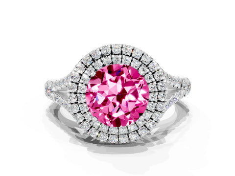 White gold Round Cut Pink Sapphire Pavé Split Shank Double Halo Engagement Ring