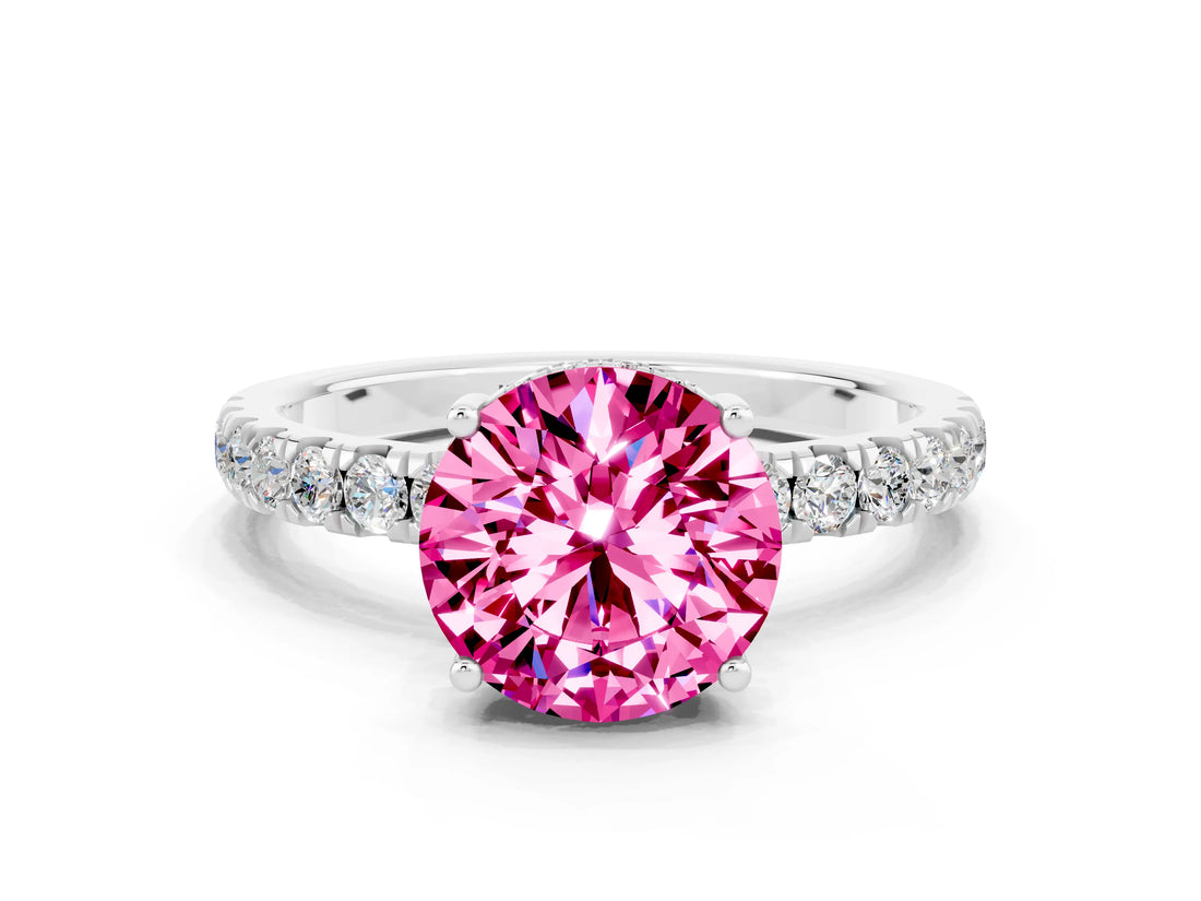 White gold Round Cut Pink Sapphire Pave Band Solitaire Ring with Four-Prong Setting_12