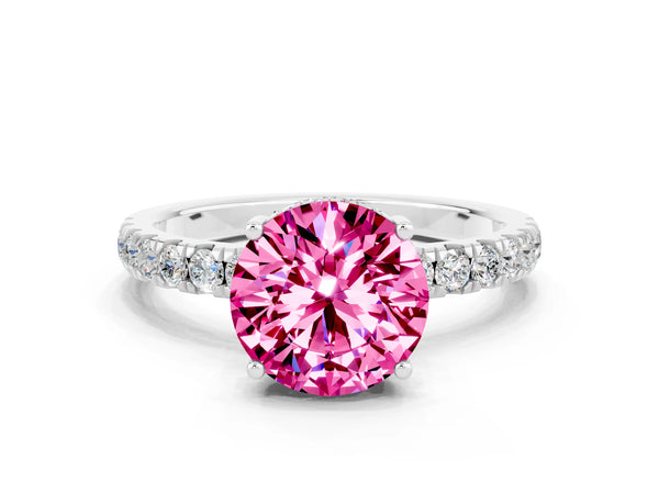 White gold Round Cut Pink Sapphire Pave Band Solitaire Ring with Round  and Prong Setting