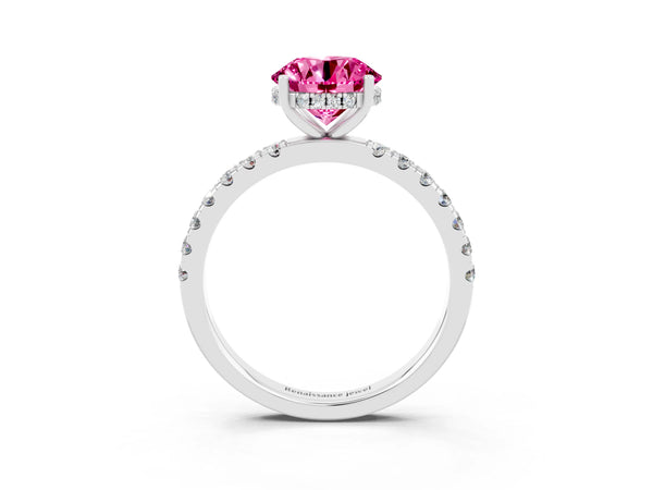 Silver Round Cut Pink Sapphire Pave Band Solitaire Ring with Round  and Prong Setting