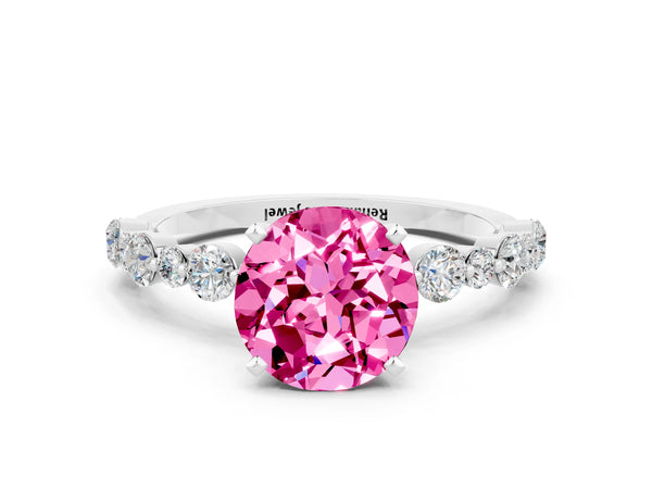 Silver Round Cut Pink Sapphire Prong Set Engagement Ring with Pavé Band
