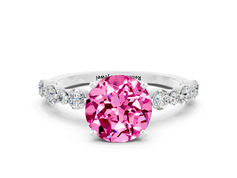White gold Round Cut Pink Sapphire Prong Set Engagement Ring with Pavé Band_12