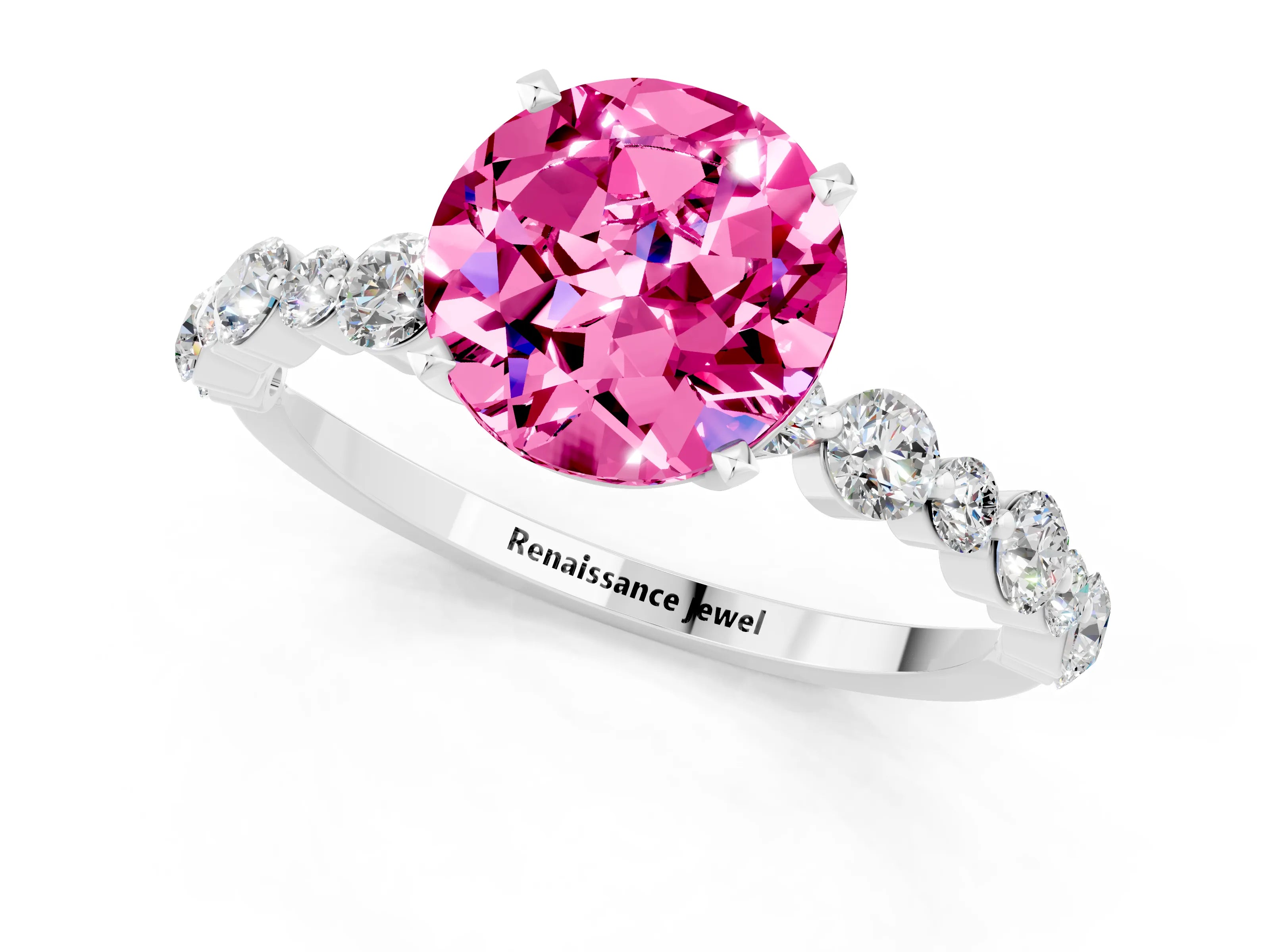 White gold Round Cut Pink Sapphire Prong Set Engagement Ring with Pavé Band_13