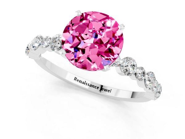 Platinum Round Cut Pink Sapphire Prong Set Engagement Ring with Pavé Band