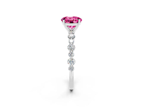 White gold Round Cut Pink Sapphire Prong Set Engagement Ring with Pavé Band_14