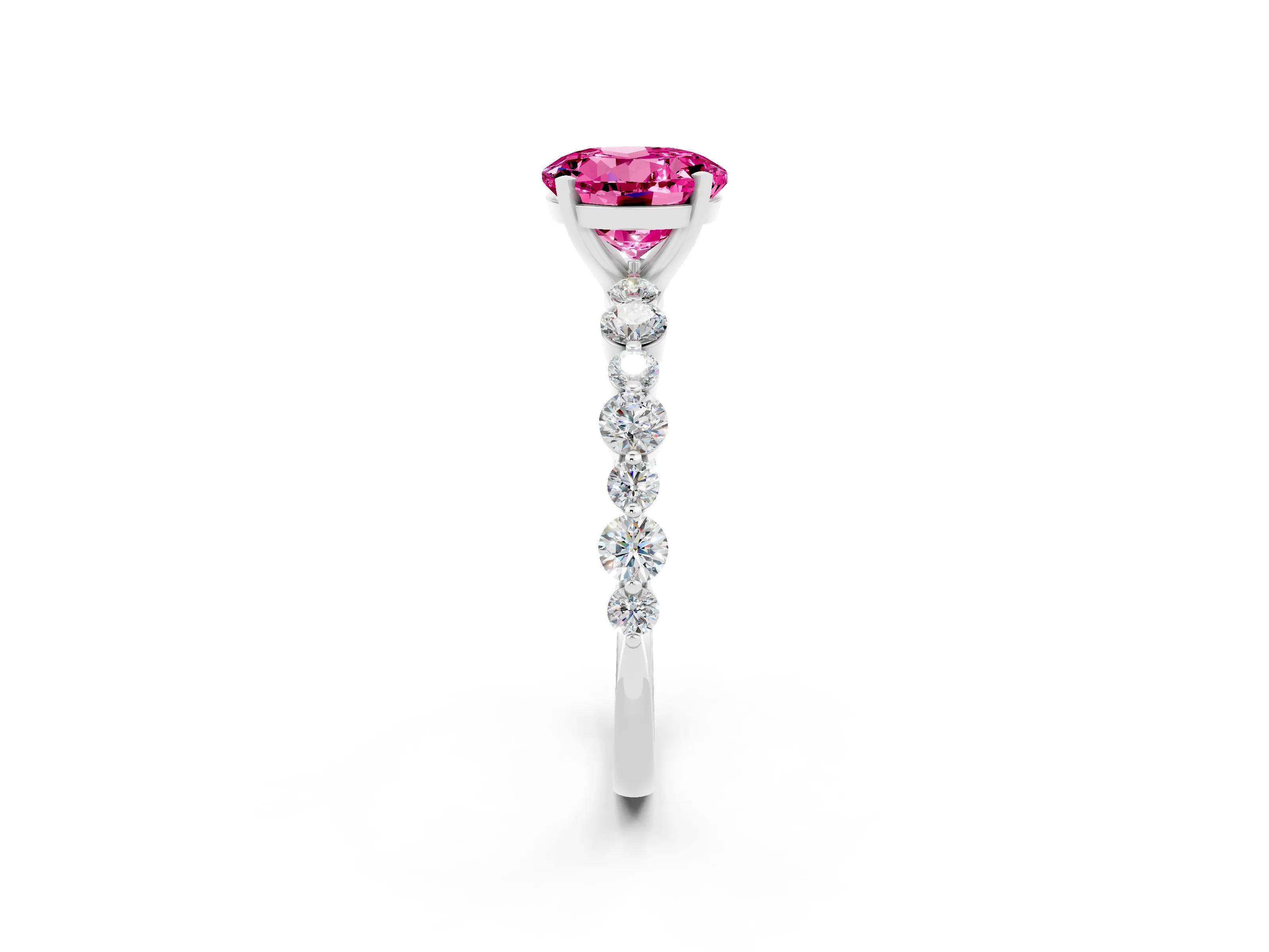 White gold Round Cut Pink Sapphire Prong Set Engagement Ring with Pavé Band_14