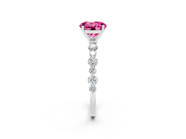 Silver Round Cut Pink Sapphire Prong Set Engagement Ring with Pavé Band