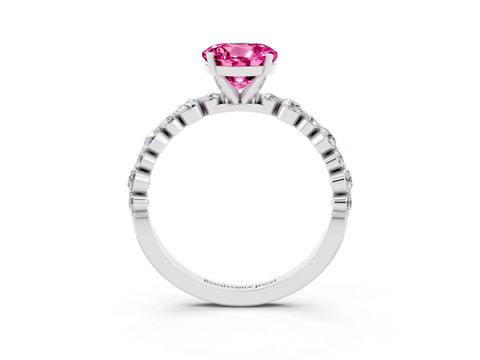 White gold Round Cut Pink Sapphire Prong Set Engagement Ring with Pavé Band_15