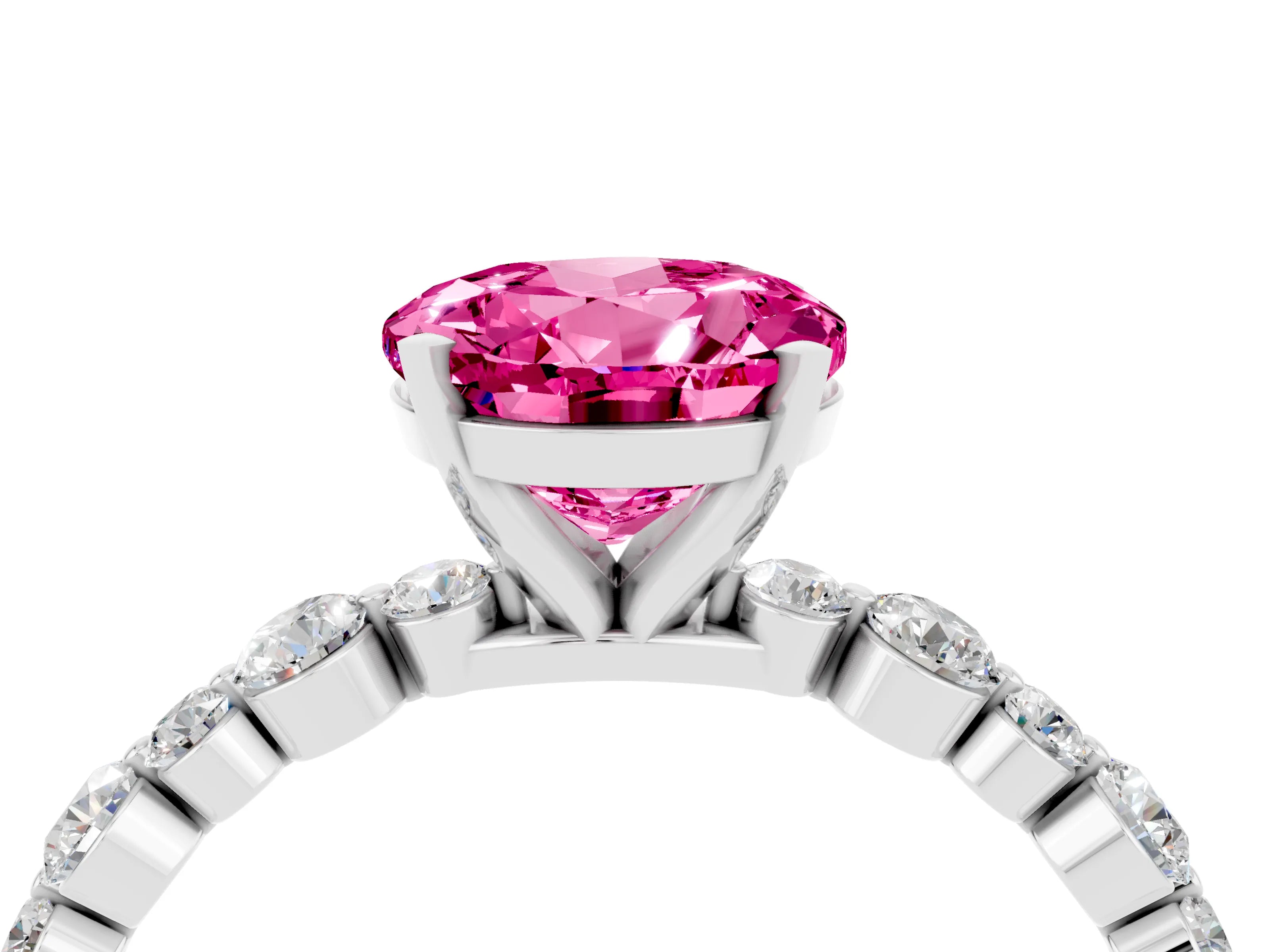 White gold Round Cut Pink Sapphire Prong Set Engagement Ring with Pavé Band_16