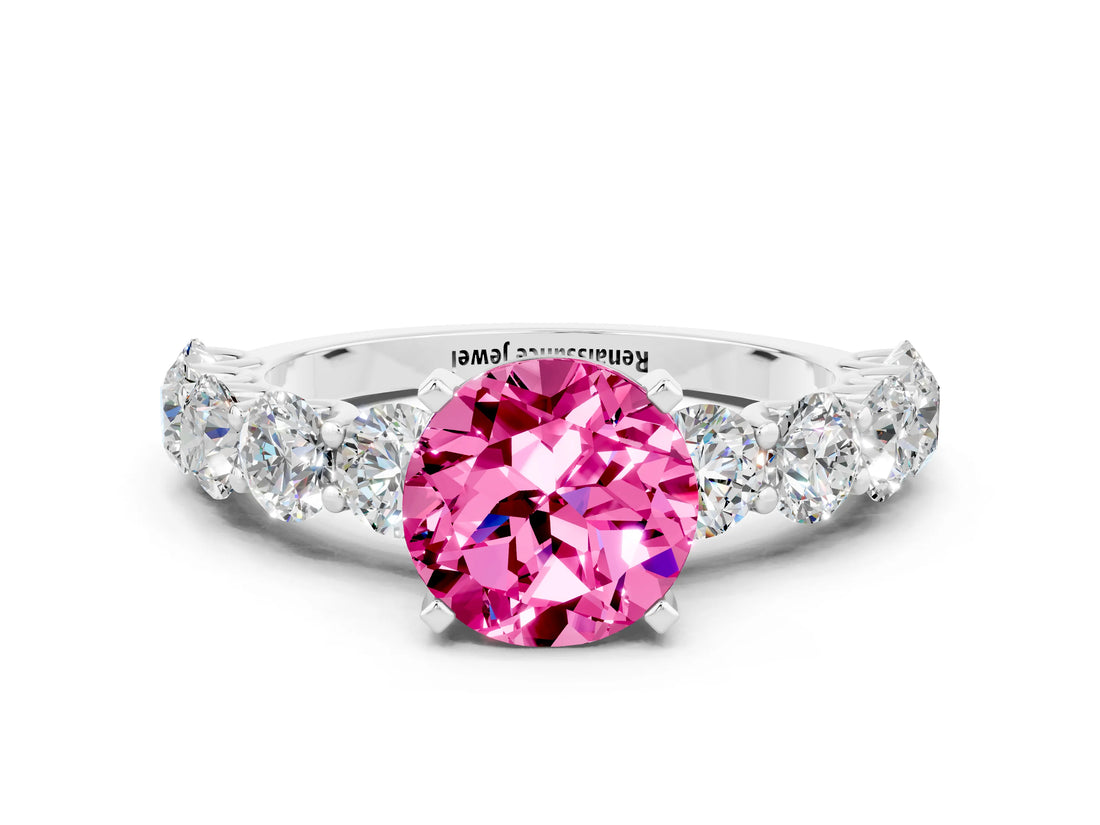 White gold Round Cut Pink Sapphire Prong Setting with Side Stones on a Pave Band_24