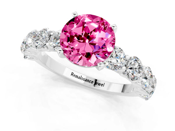 Silver Round Cut Pink Sapphire Prong Setting with Side Stones on a Pave Band
