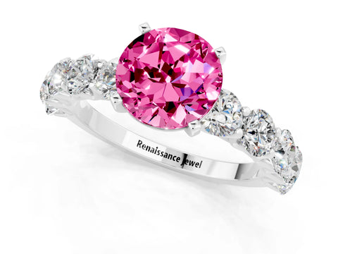White gold Round Cut Pink Sapphire Prong Setting with Side Stones on a Pave Band_25
