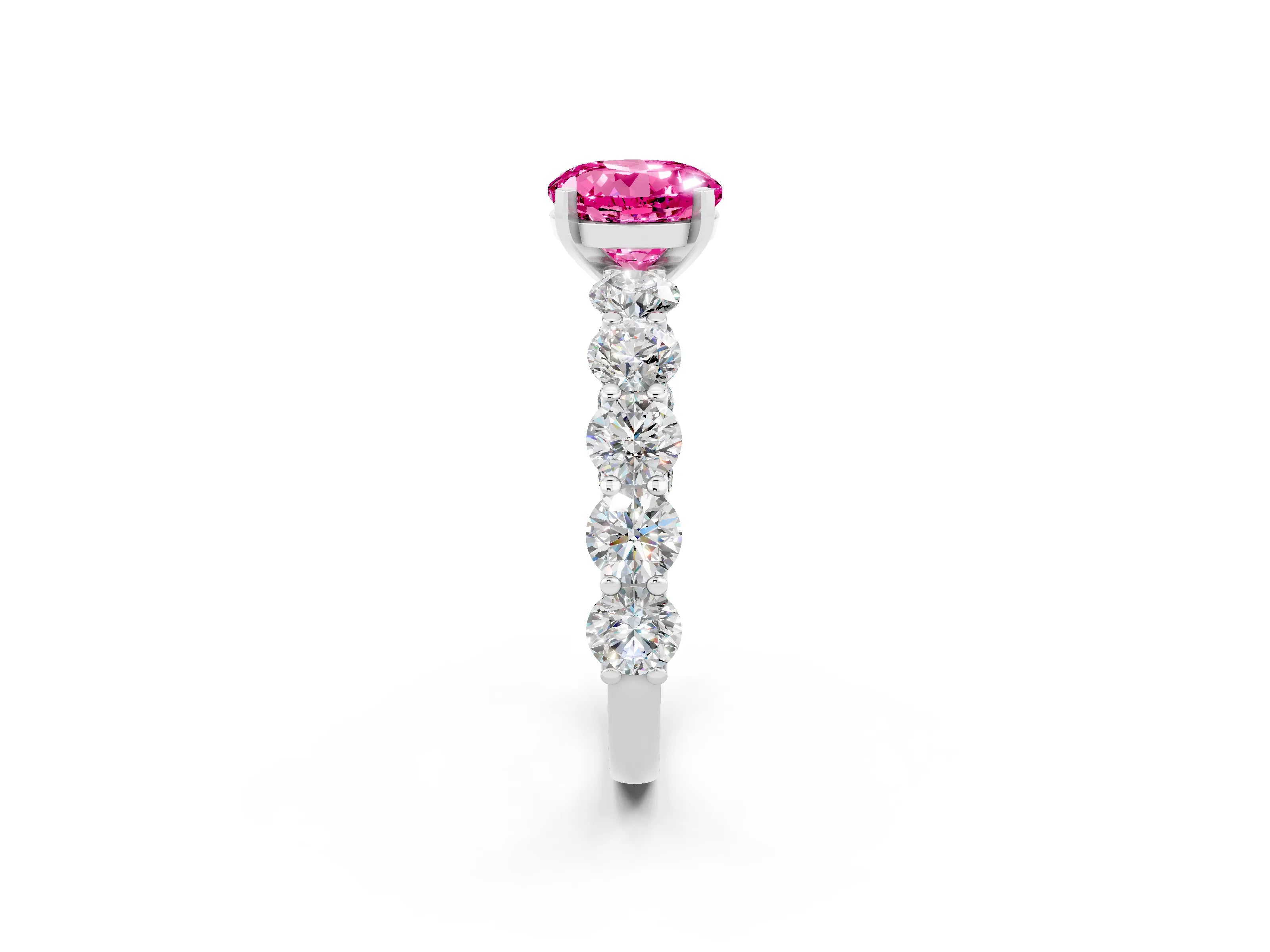 White gold Round Cut Pink Sapphire Prong Setting with Side Stones on a Pave Band_26