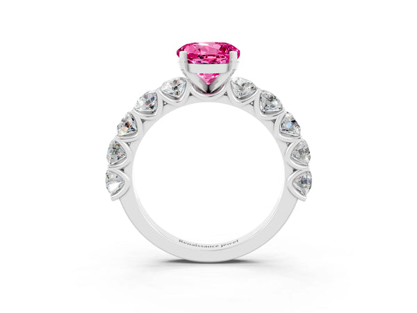Platinum Round Cut Pink Sapphire Prong Setting with Side Stones on a Pave Band
