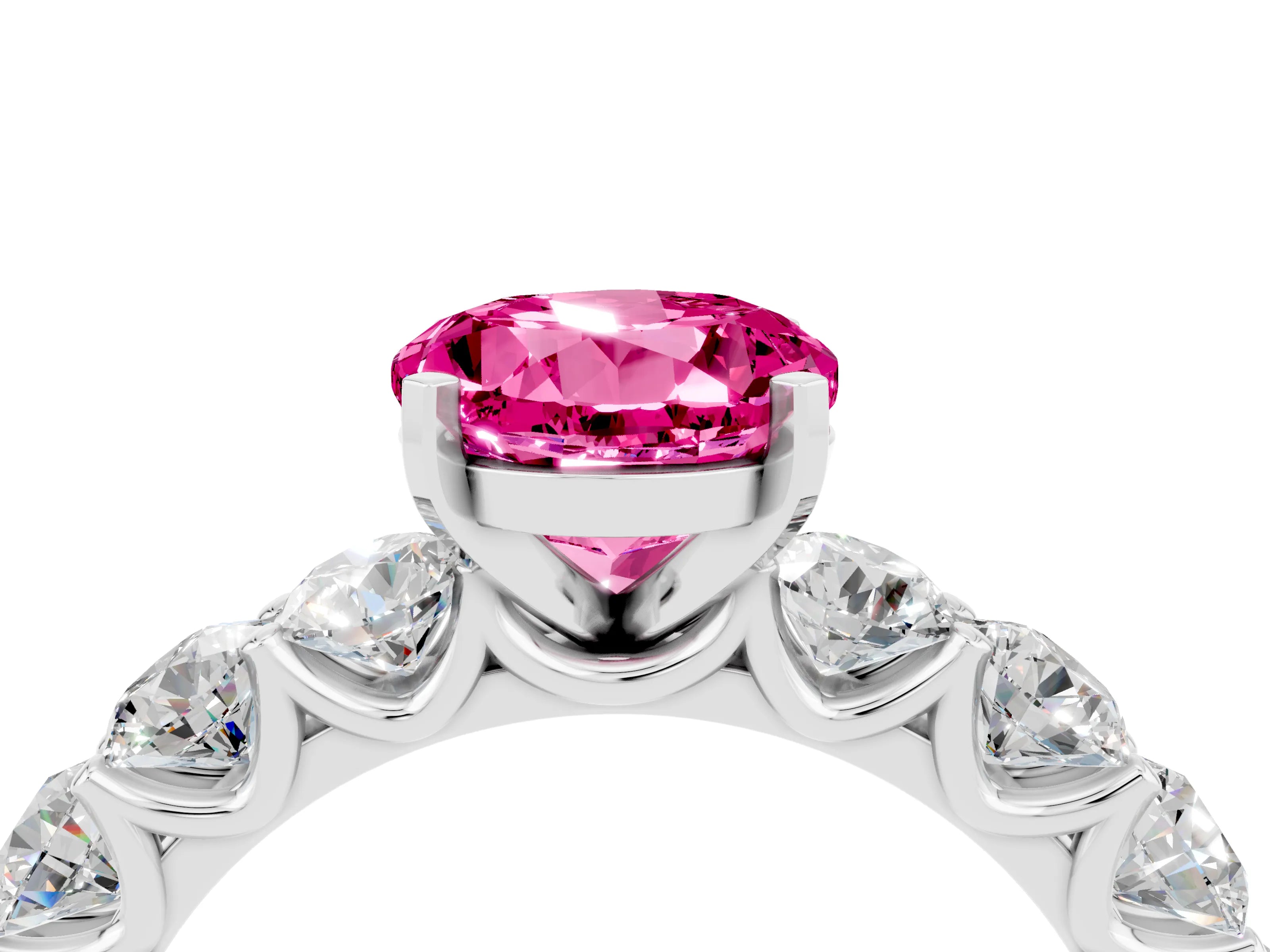 White gold Round Cut Pink Sapphire Prong Setting with Side Stones on a Pave Band_28