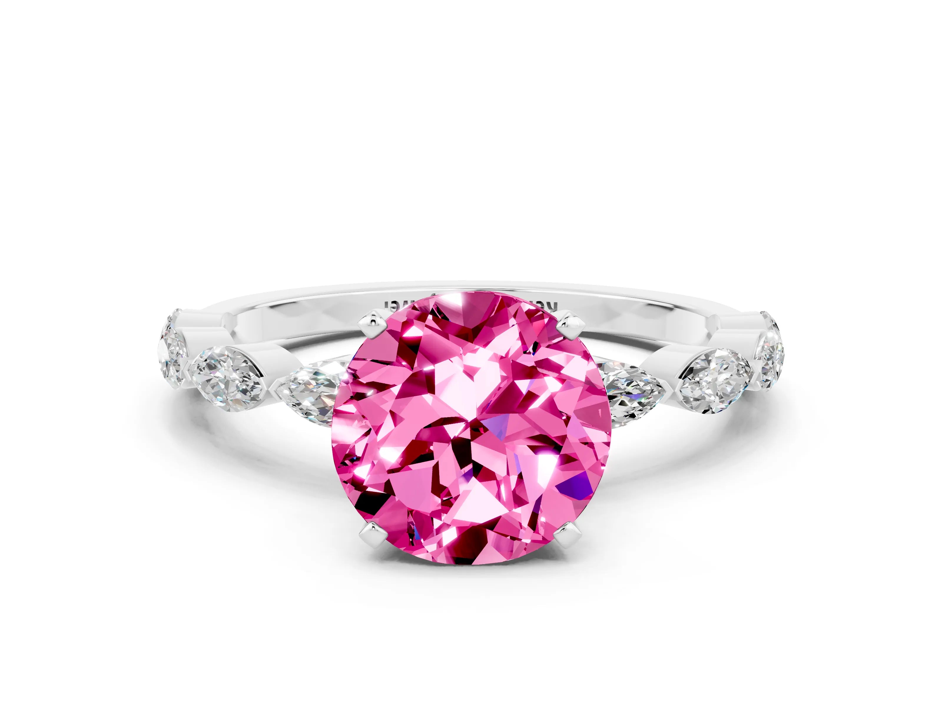 White gold Round Cut Pink Sapphire Ring with Marquise Side Stones and Prong Setting_12