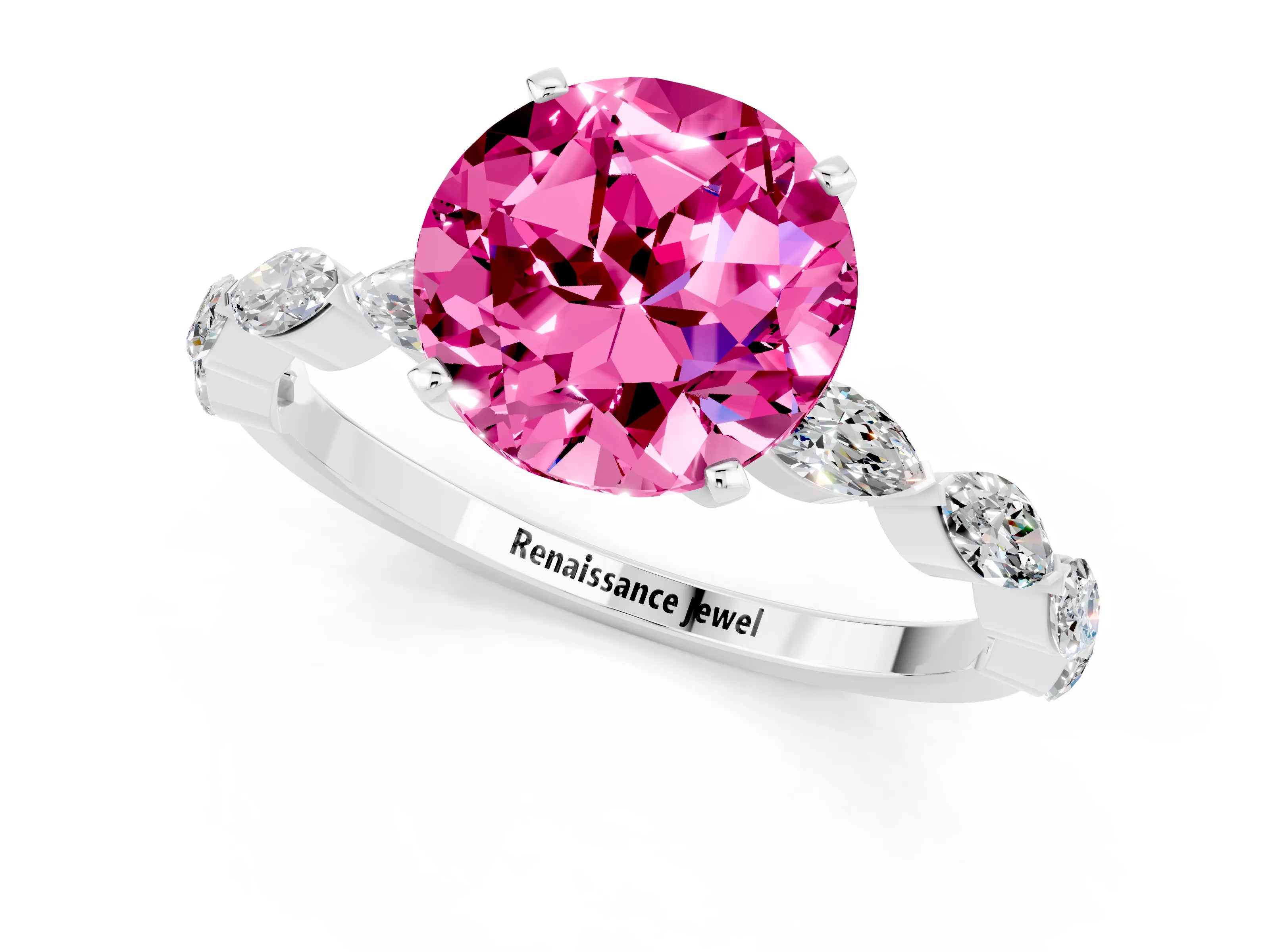 White gold Round Cut Pink Sapphire Ring with Marquise Side Stones and Prong Setting_13
