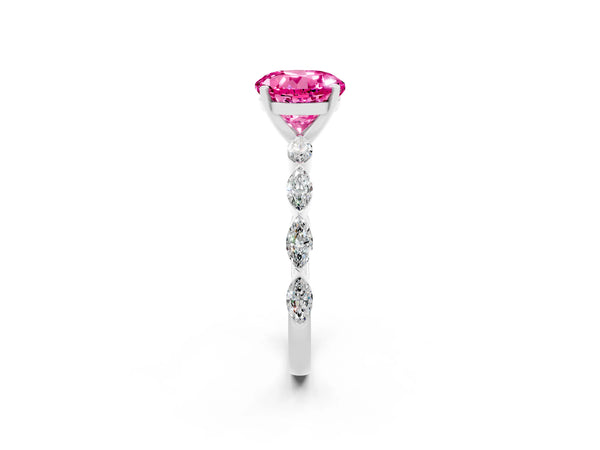 Platinum Round Cut Pink Sapphire Ring with Marquise Side Stones and Prong Setting