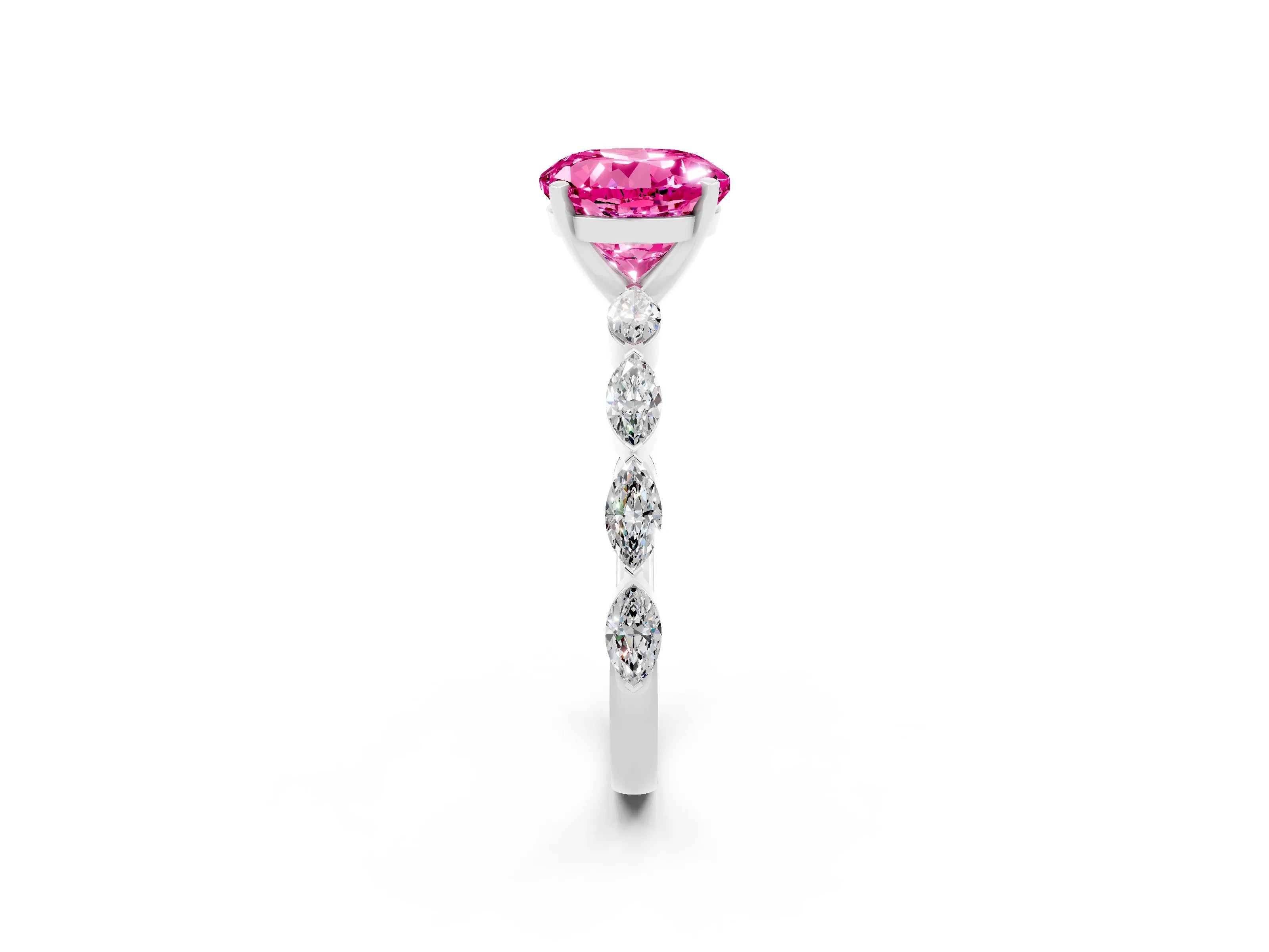 White gold Round Cut Pink Sapphire Ring with Marquise Side Stones and Prong Setting_14