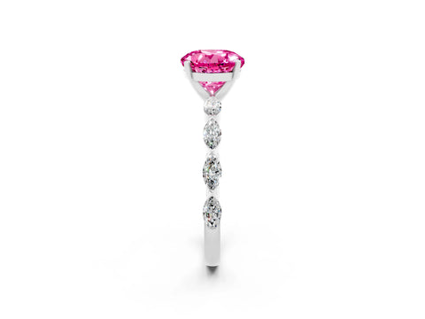 White gold Round Cut Pink Sapphire Ring with Marquise Side Stones and Prong Setting_14