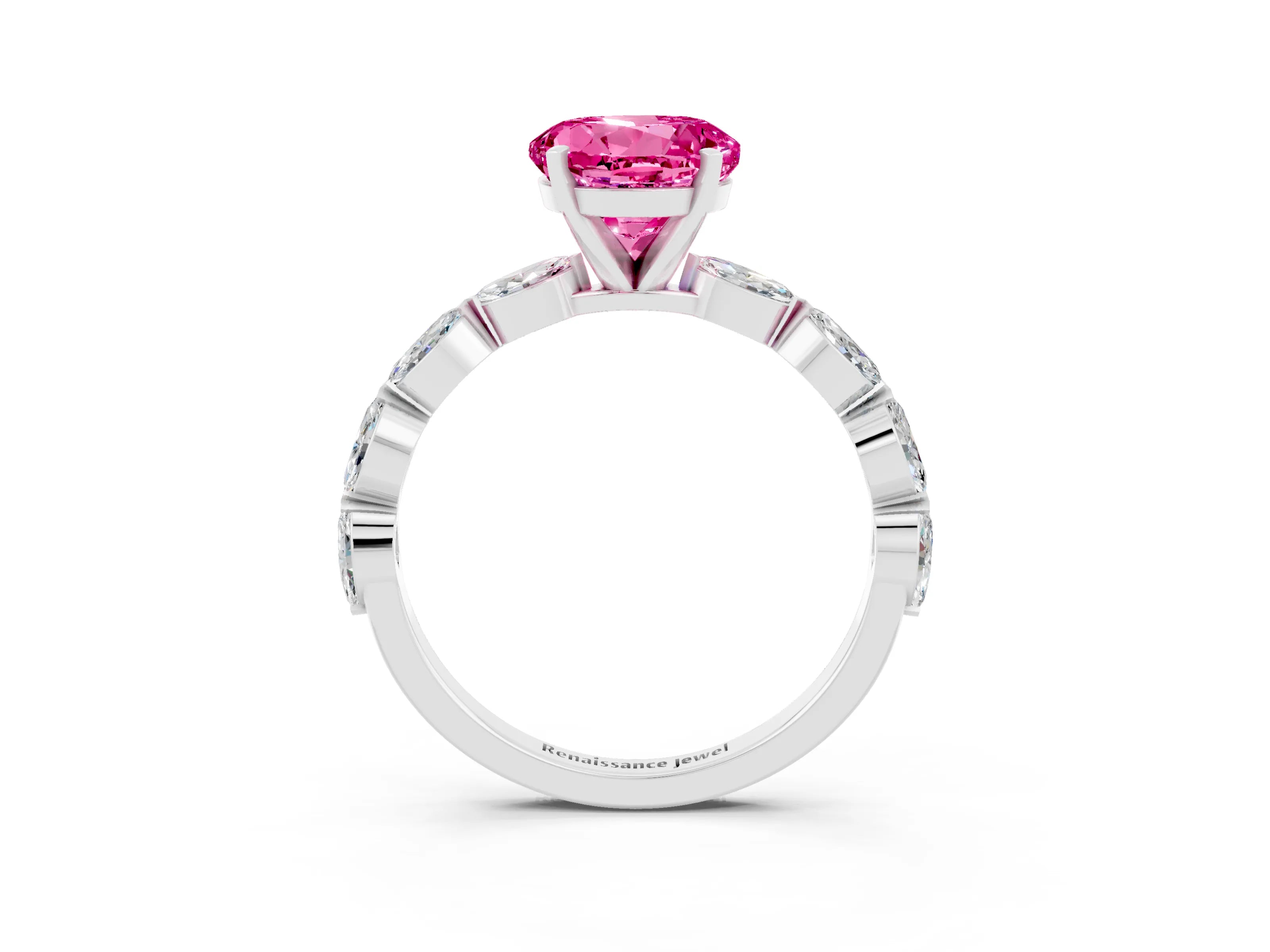 White gold Round Cut Pink Sapphire Ring with Marquise Side Stones and Prong Setting_15