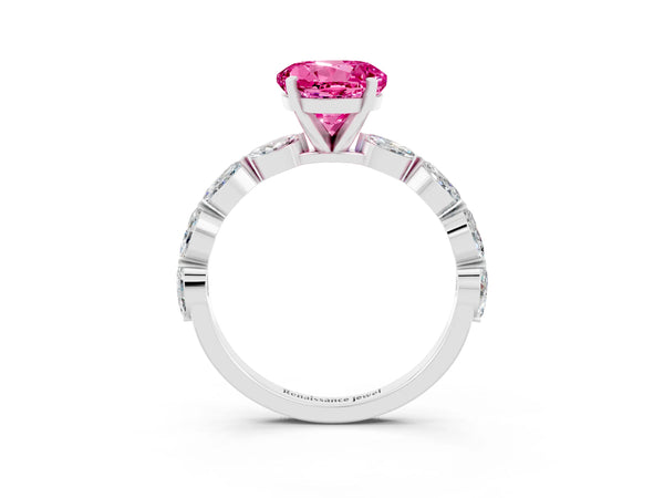 Silver Round Cut Pink Sapphire Ring with Marquise Side Stones and Prong Setting