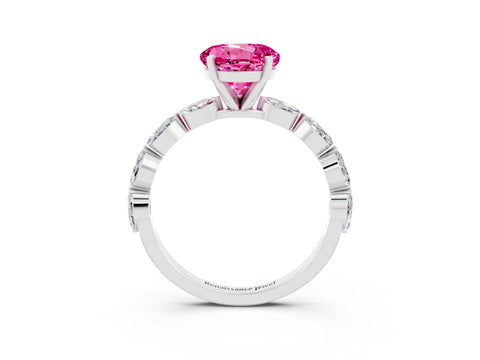 White gold Round Cut Pink Sapphire Ring with Marquise Side Stones and Prong Setting_15